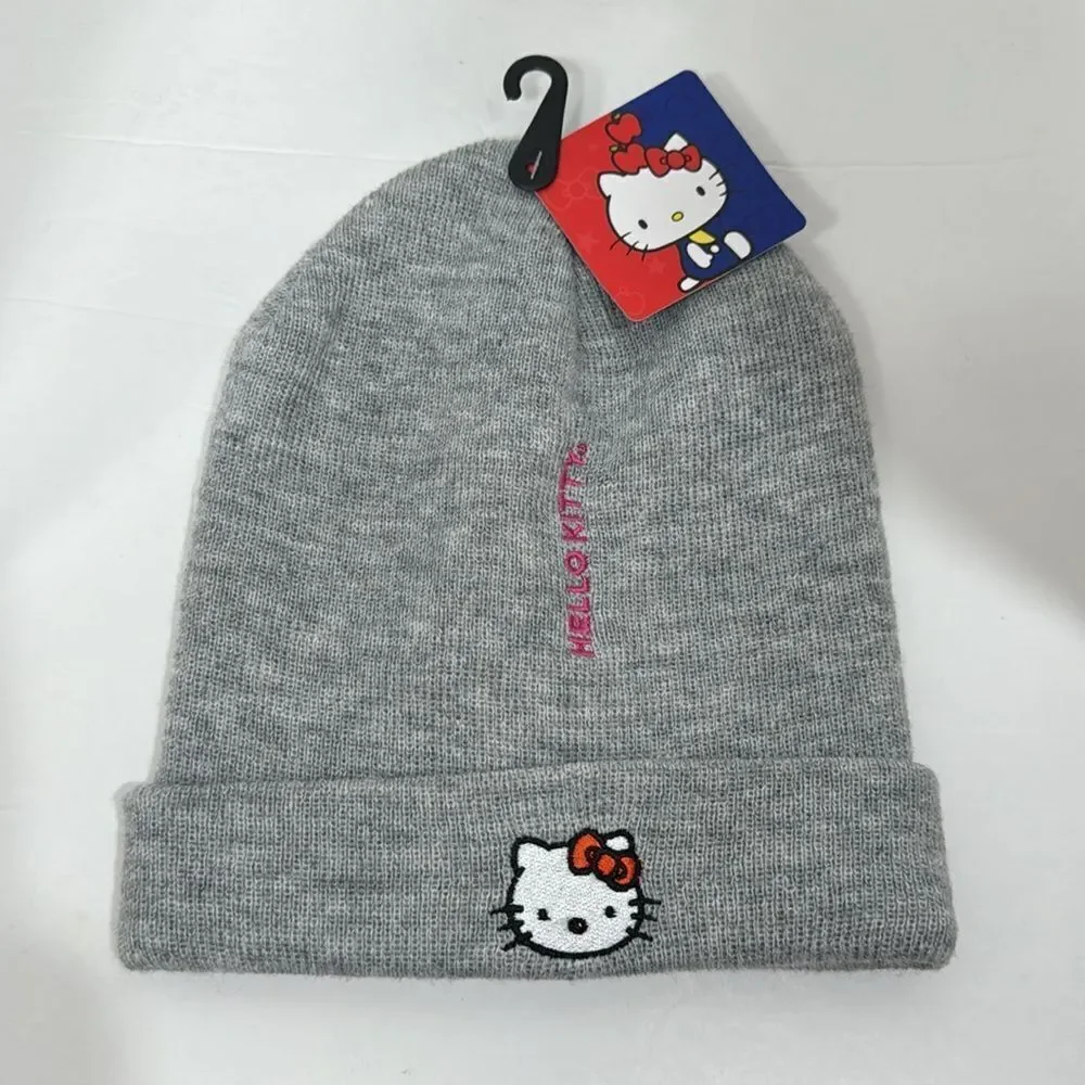 Hello Kitty Sanrio Gray Pink Knit Embroidered Beanie Hat Cap